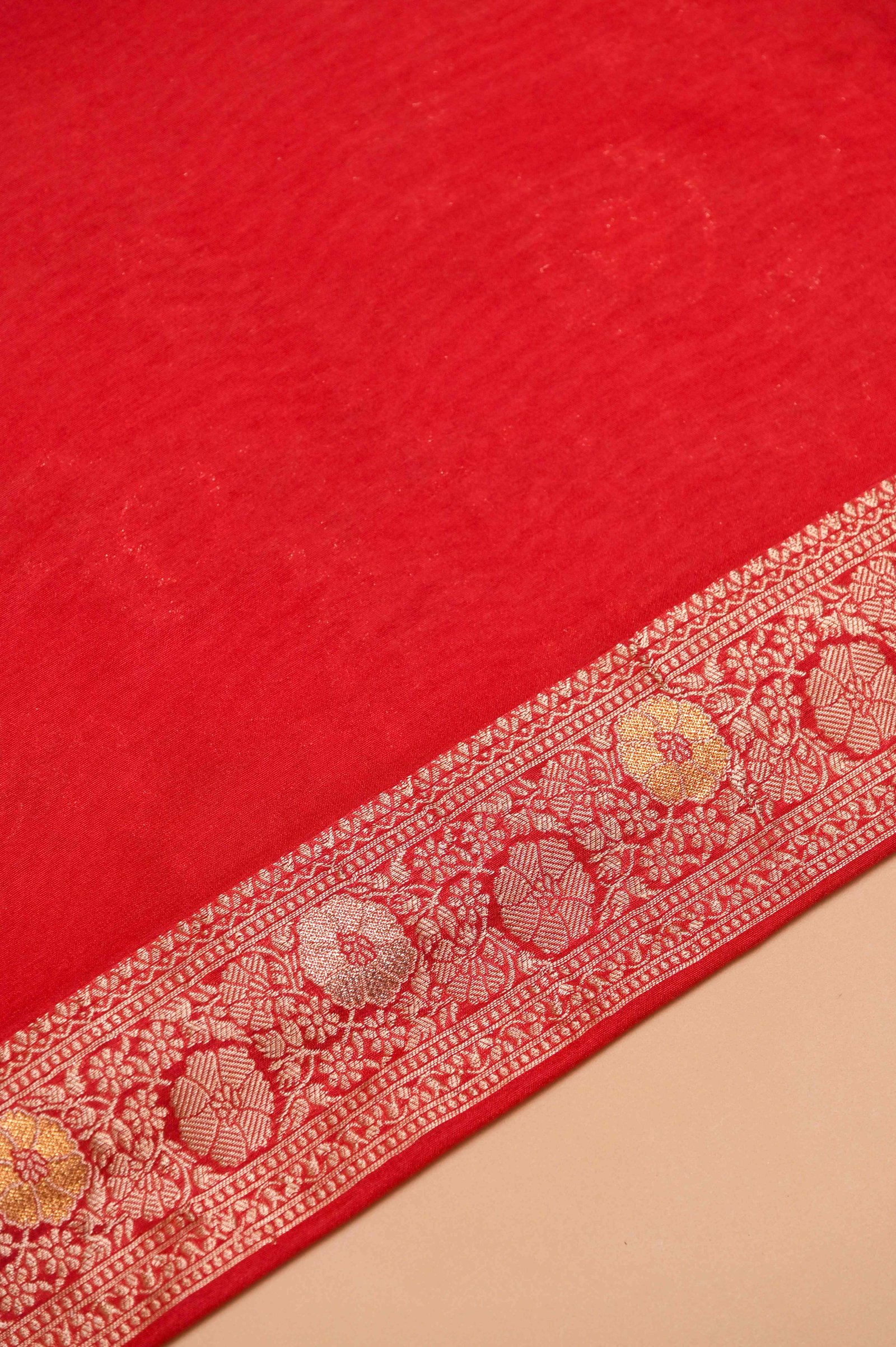 Vermilion Red Banarasi Brocade Saree With Handwoven Floral Jangla Design